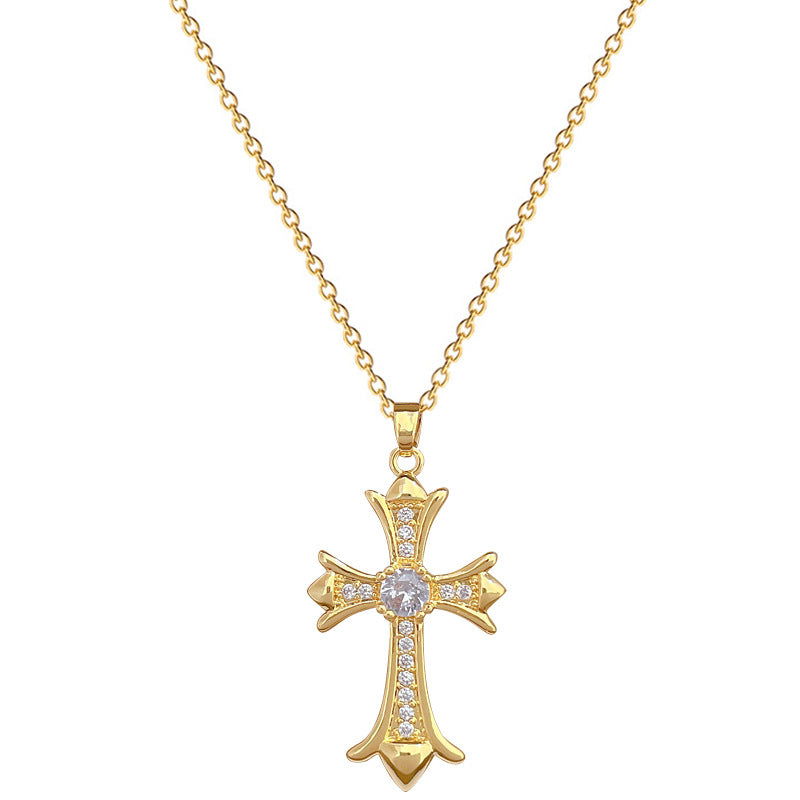 Luxury Stainless Steel Cross Pendant Necklace with Full Rhinestone Inlay for Women Geometric Shape Delicate Clavicle Chain