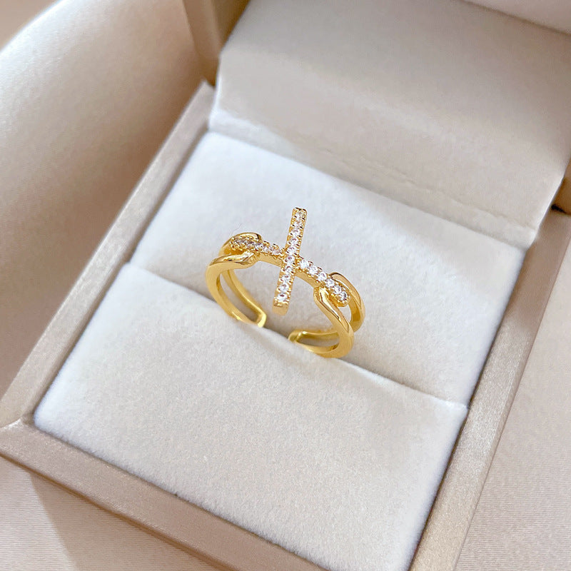 Minimalist Cross-Shaped Brass Ring with Gold Plating for Women, Lightweight Luxury Finger Ring Featuring Clean Aesthetic and Subtle Crown Silhouette