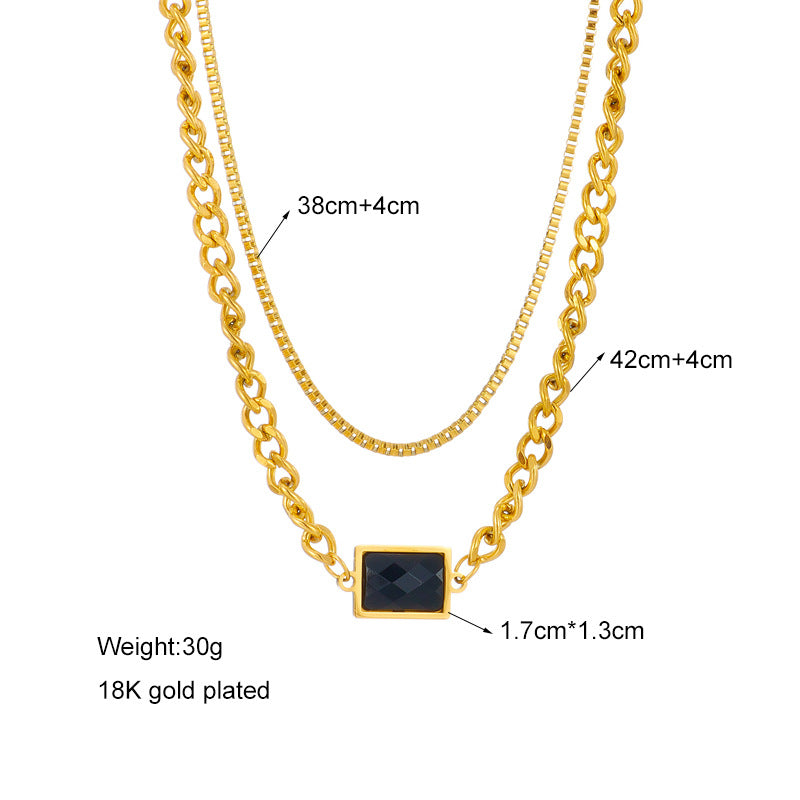 Vintage Minimalist Rectangular Black Rhinestone Double-Layer Titanium Steel Plated Necklace for Women
