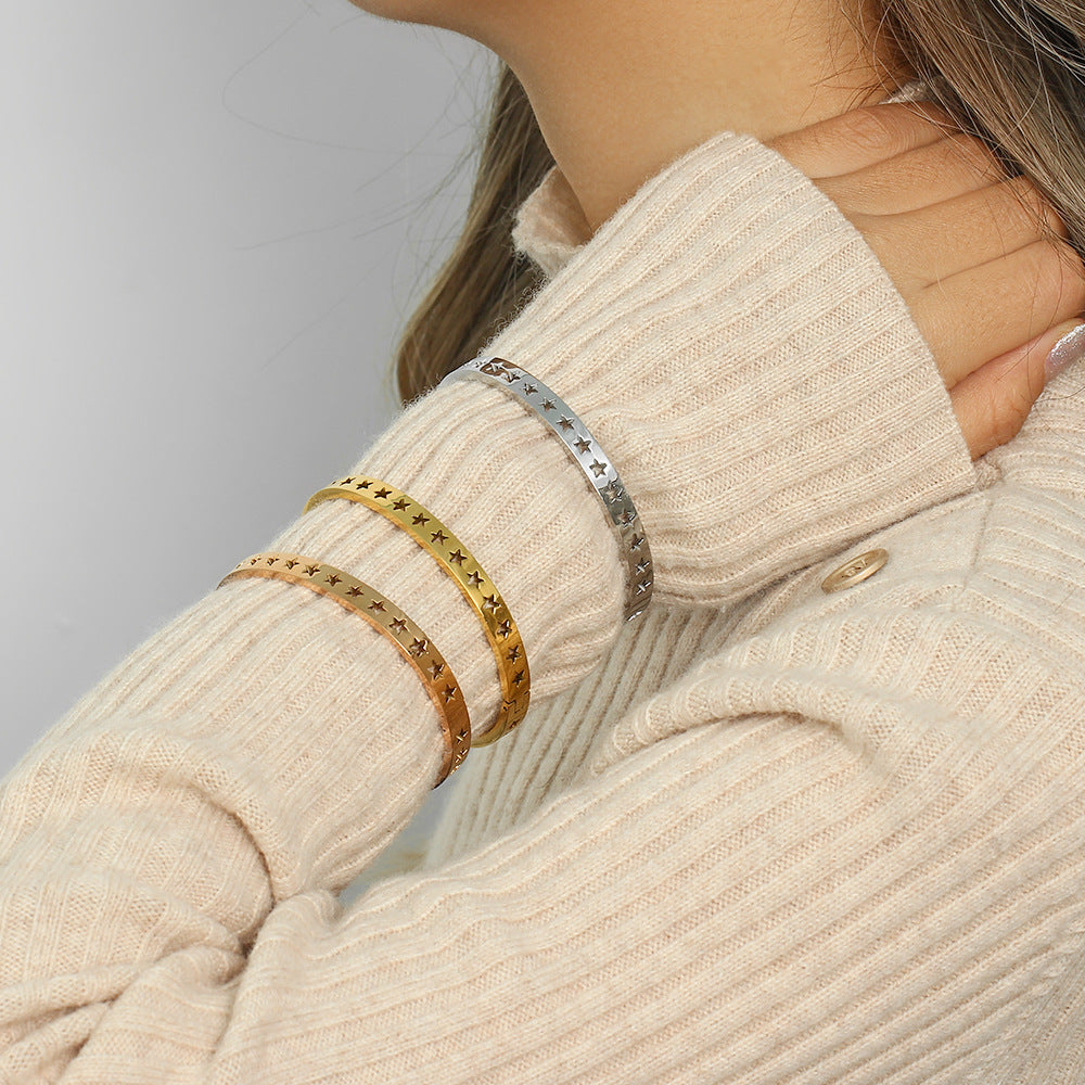 Fashion Rose Gold Plated 18K Stainless Steel Hollow Star Pattern Cuff Bracelet