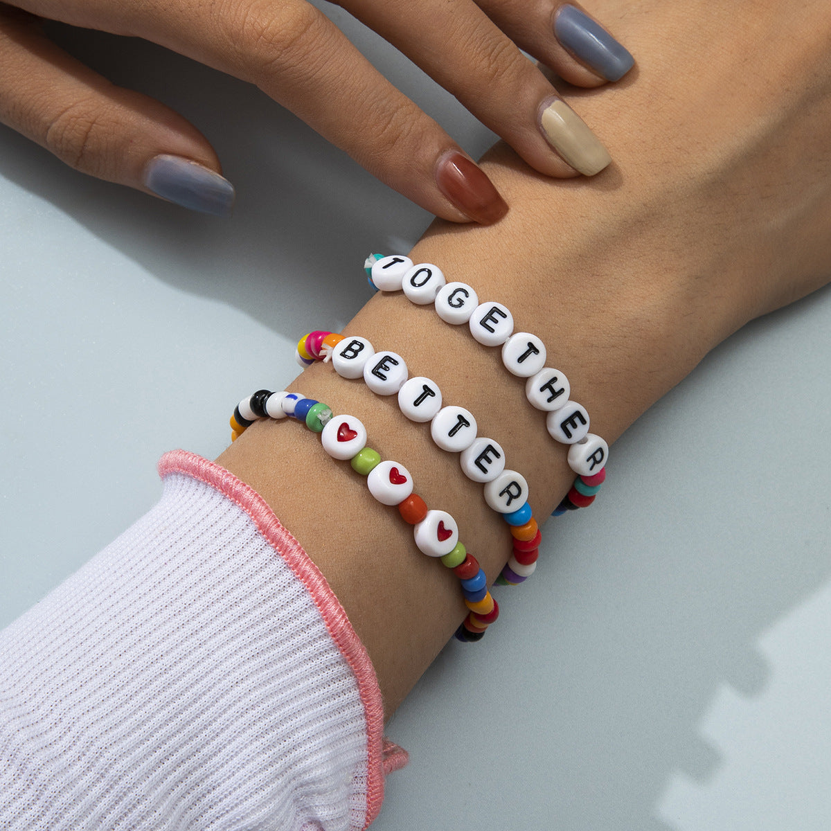 Minimalist Acrylic Heart-Shaped Letter Beaded Bracelet Set for Women with Pastel Macaron Colors and Bohemian Farmhouse Style