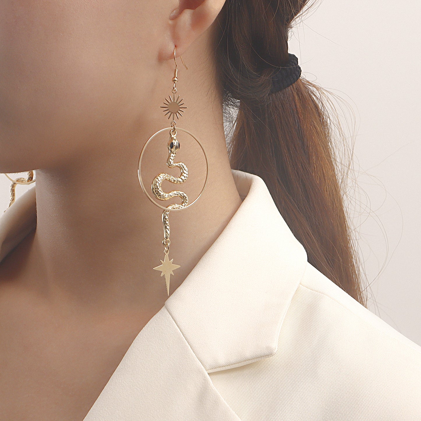 Geometric Large Hoop Snake-Shaped Cross Star Tassel Earrings for Women with Alloy Base and Plated Finish