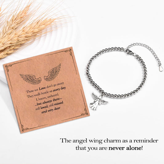 Minimalist Stainless Steel Ball Chain Bracelet with Angel Wing Pendant Adjustable Beaded Bracelet for Women