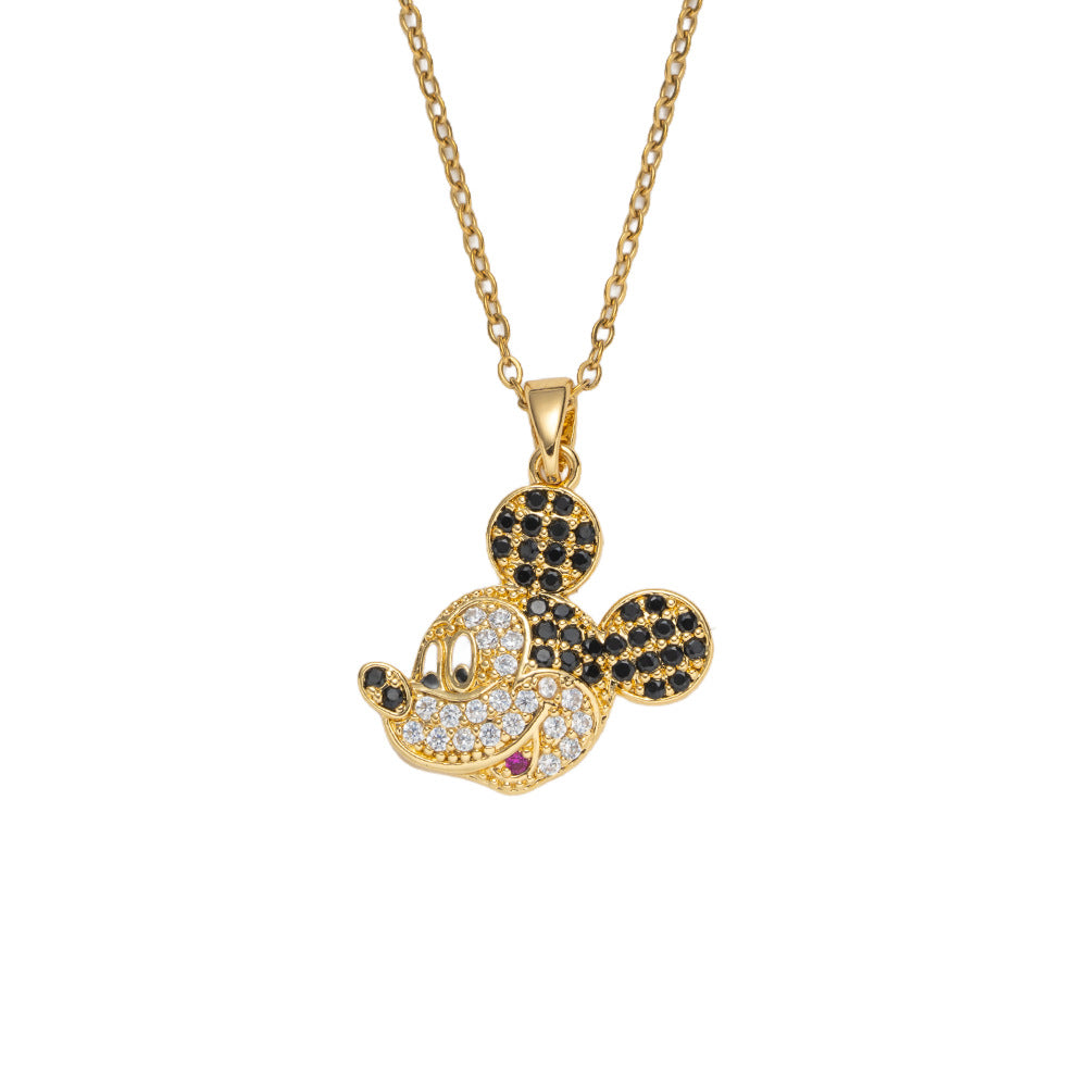 Collana con pendente di Topolino floreale di lusso da donna in acciaio al titanio con intarsio di strass e placcatura in oro su catena a serpente