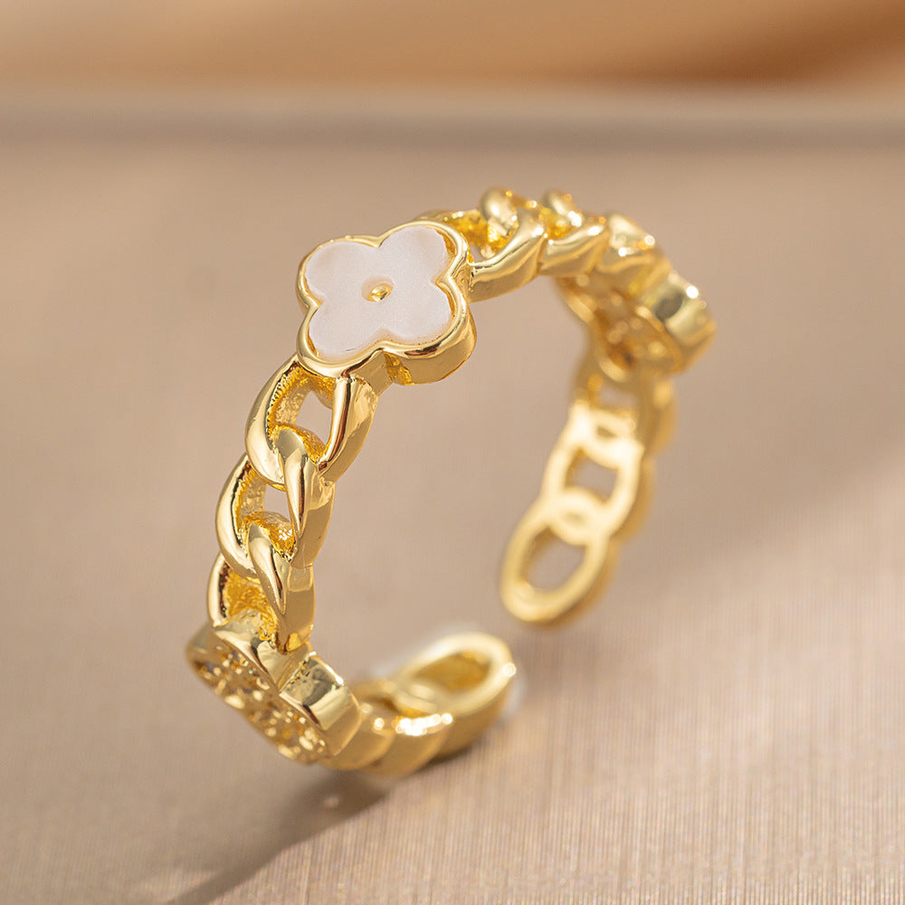 Luxury Minimalist Adjustable Open Ring for Women with Gold-Plated Copper Band and Zircon Stone Accent in Heart and Floral Shape