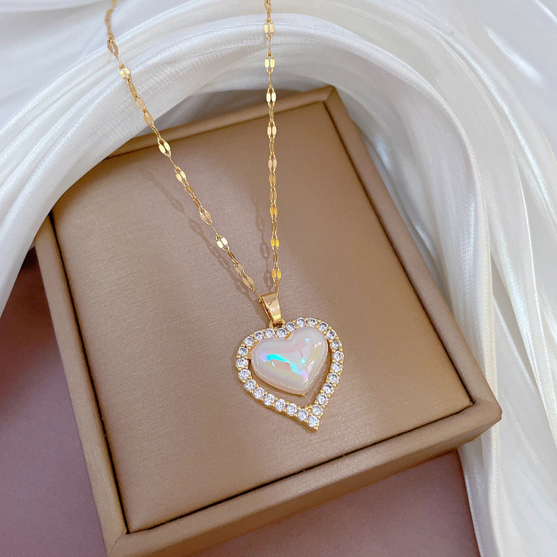 Luxury Titanium Steel Micro-Paved Zircon Heart Necklace with Geometric Design for Women, Adjustable Chain up to 50cm