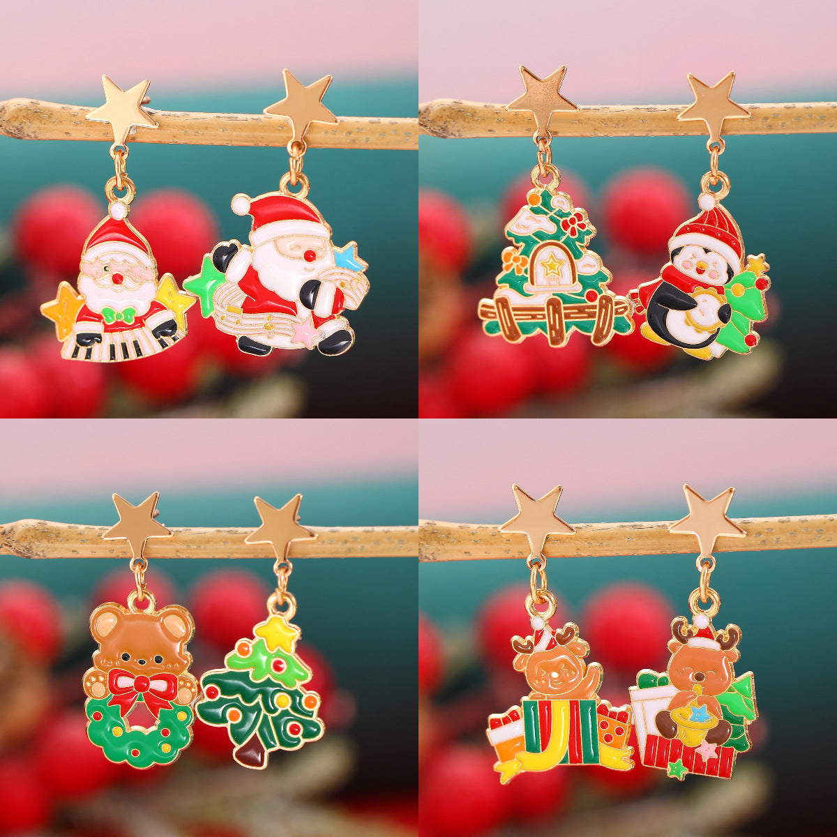 Orecchini Asimmetrici in Lega Stile Instagram Renna e Albero di Natale per Donna con Finitura Smaltata