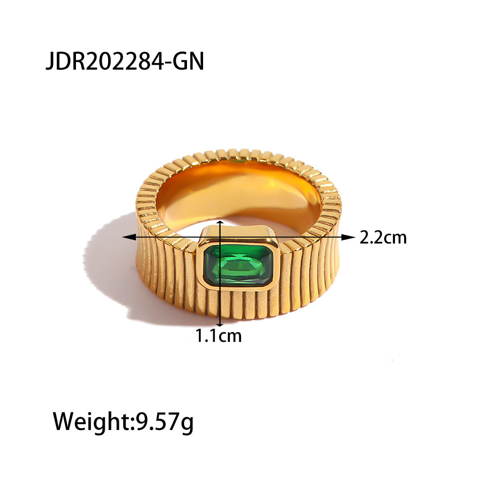 18K Gold Plated Geometric Round Stainless Steel Ring with Cubic Zirconia for Women