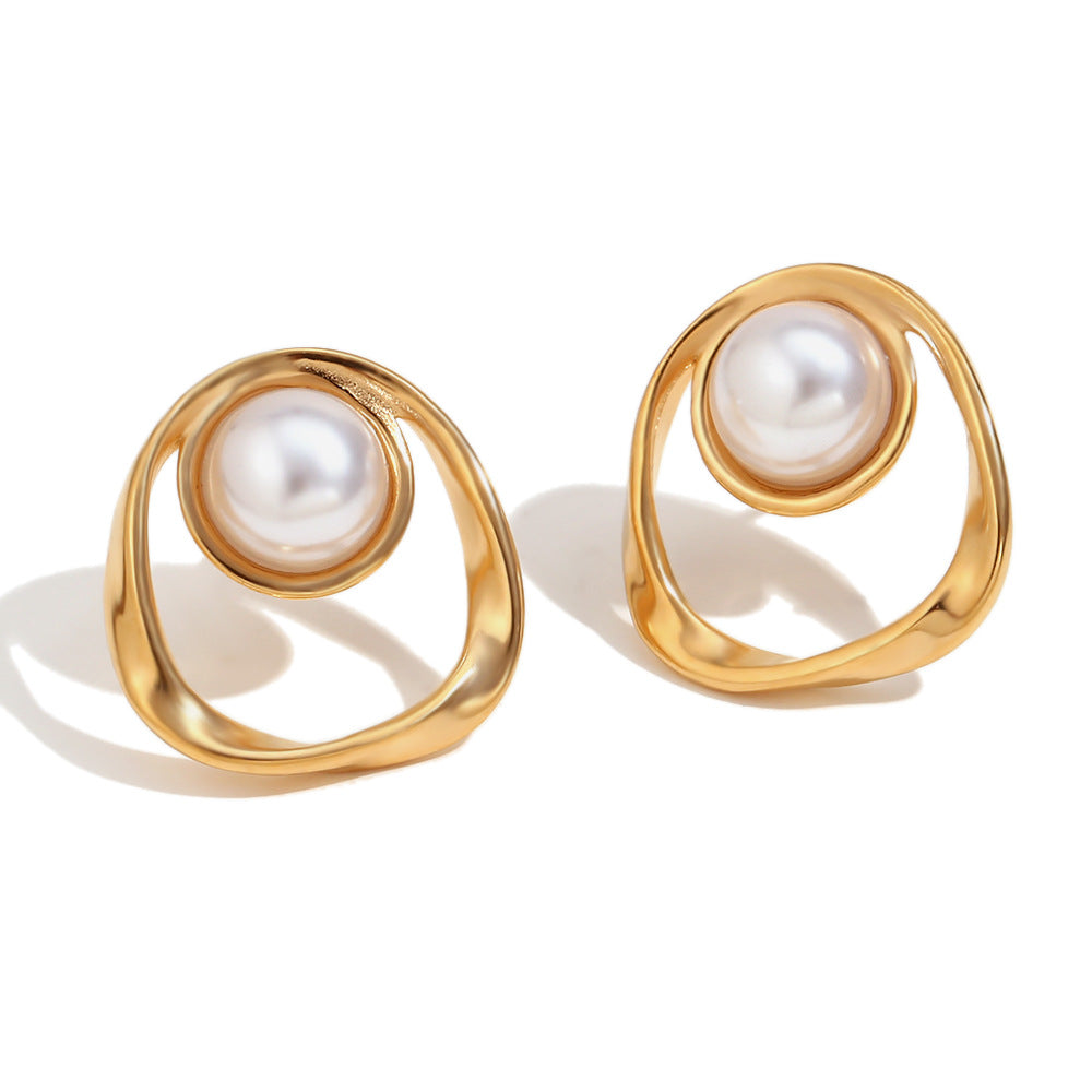 Vintage-Inspired Geometric Stainless Steel Ear Studs with 18K Gold Plating and Hollow-Out Pearl-Like Detail for Women