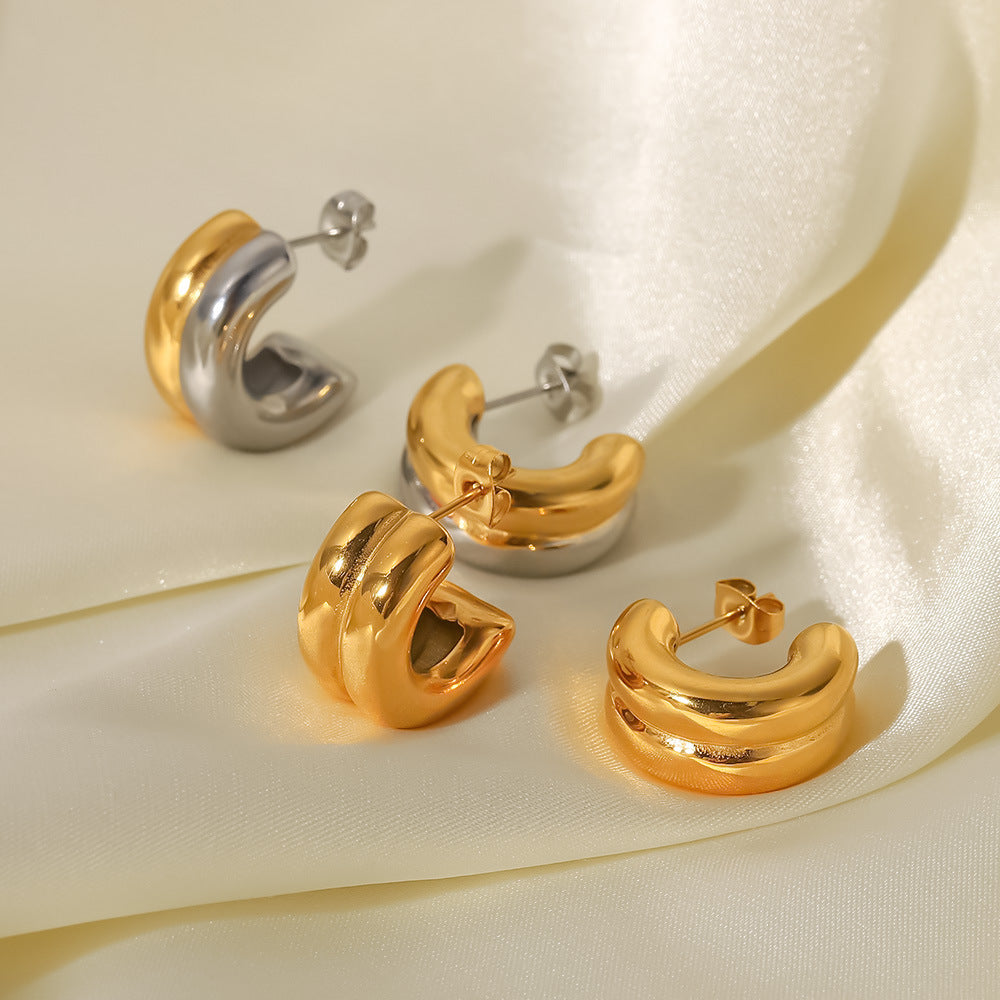 Pendientes de aro doble geométricos de moda, de acero inoxidable chapado en oro de 18K, bicolor, para mujer