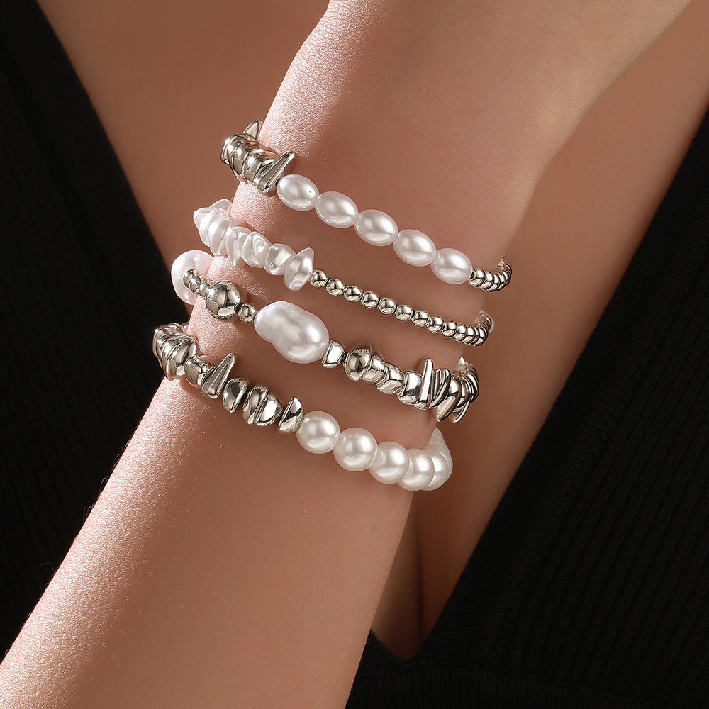 Irregular Geometric Baroque Imitation Pearl and Crystal Beaded Bracelet for Women