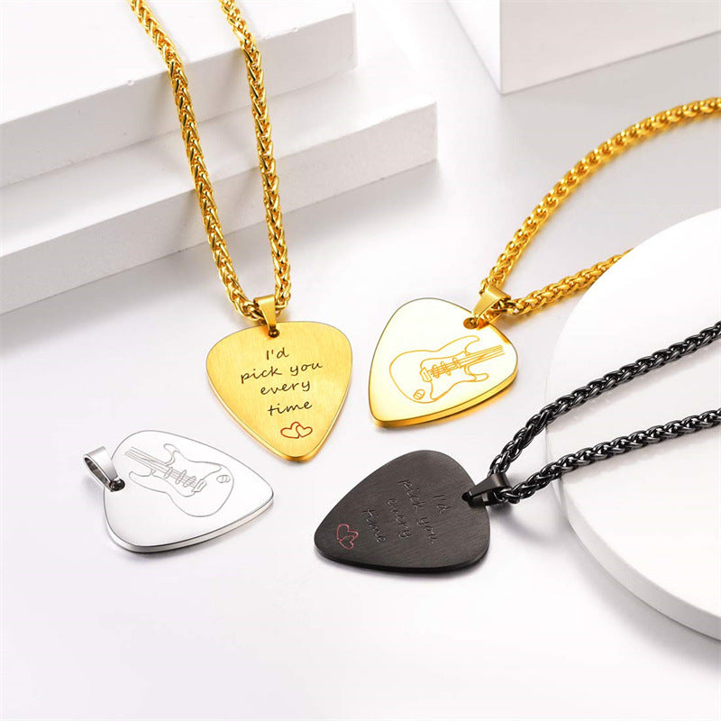 Natural Style Geometric Guitar Pendant Necklace for Unisex in Stainless Steel with Polished Titanium Steel Charm
