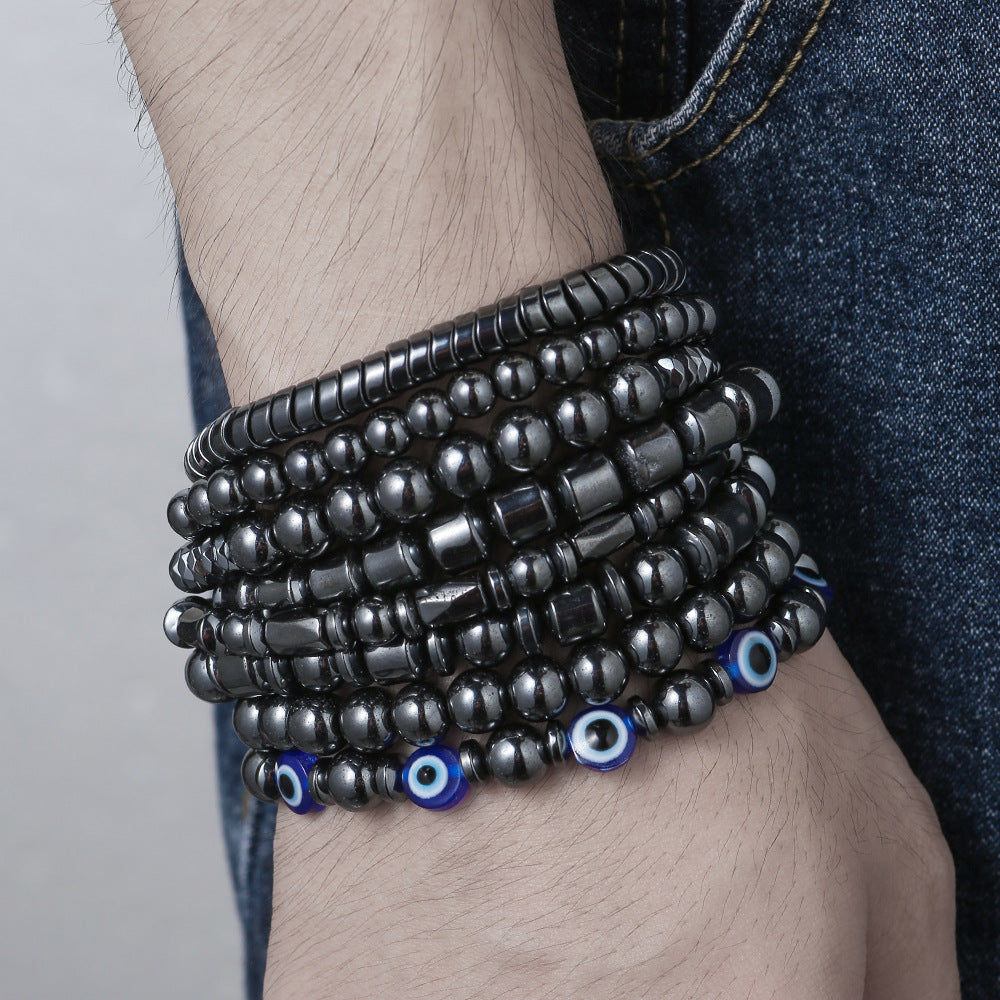 Geometric Round Hematite Magnetic Bracelet with Evil Eye Design