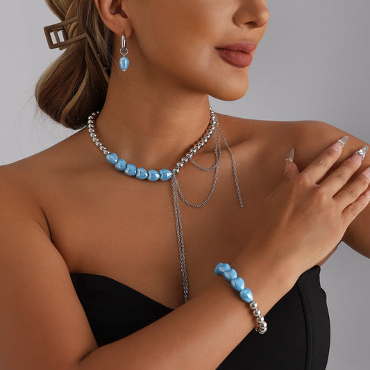 Fashion Geometric Heart Alloy Plated Necklace with Blue Tassel and Beads for Women