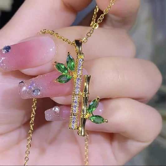 Minimalist 18K Gold Plated Titanium Steel Green Bamboo Pendant Necklace with Zircon O-Chain for Women