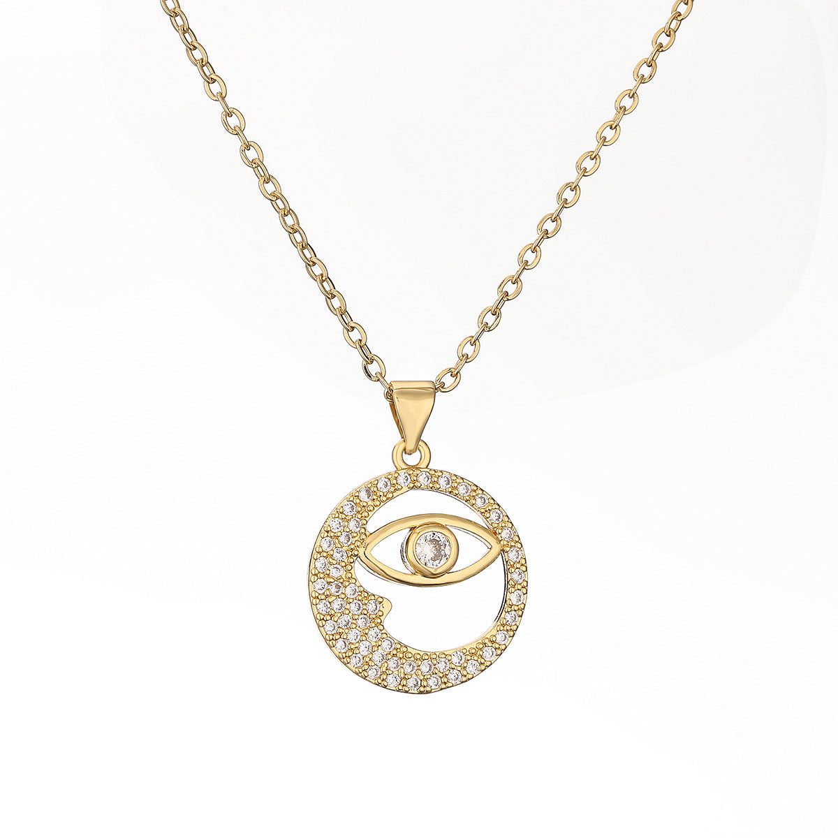 Minimalist Geometric Star Moon Eye Pendant Necklace for Women with Copper Base and 18K Gold Plating