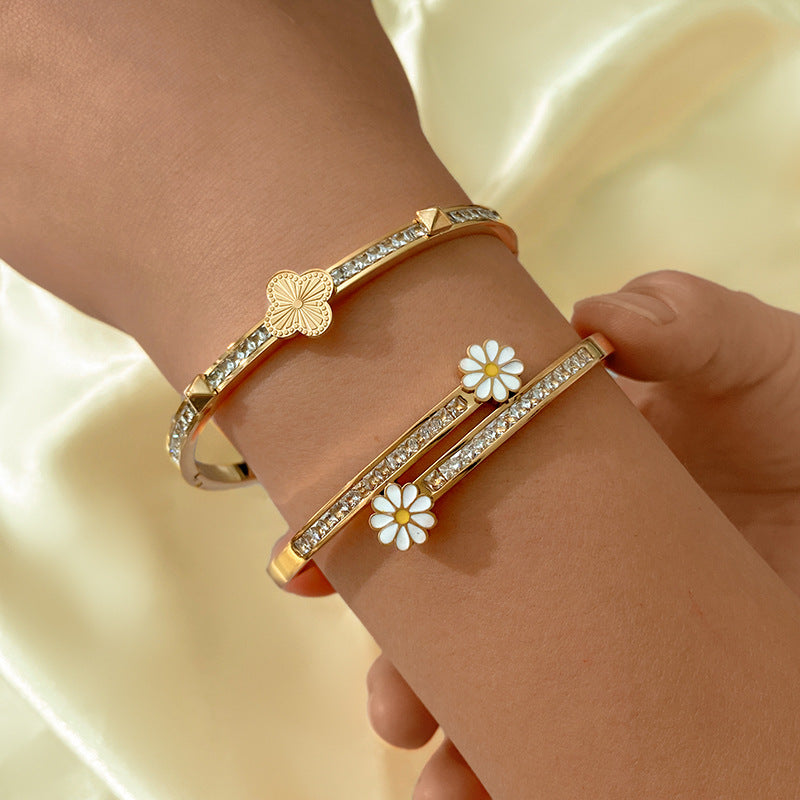 Vintage Diamond Floral Plated Titanium Steel Cuff Bracelet for Women