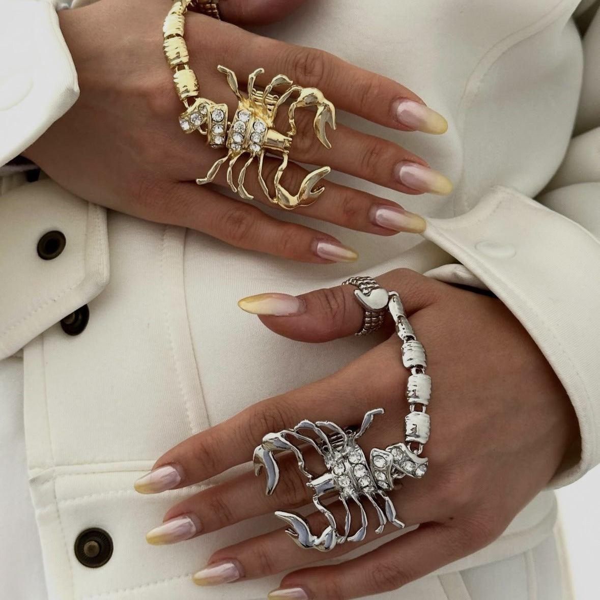Punk Rhinestone Inlaid Geometric Alloy Scorpion Chain Ring for Women