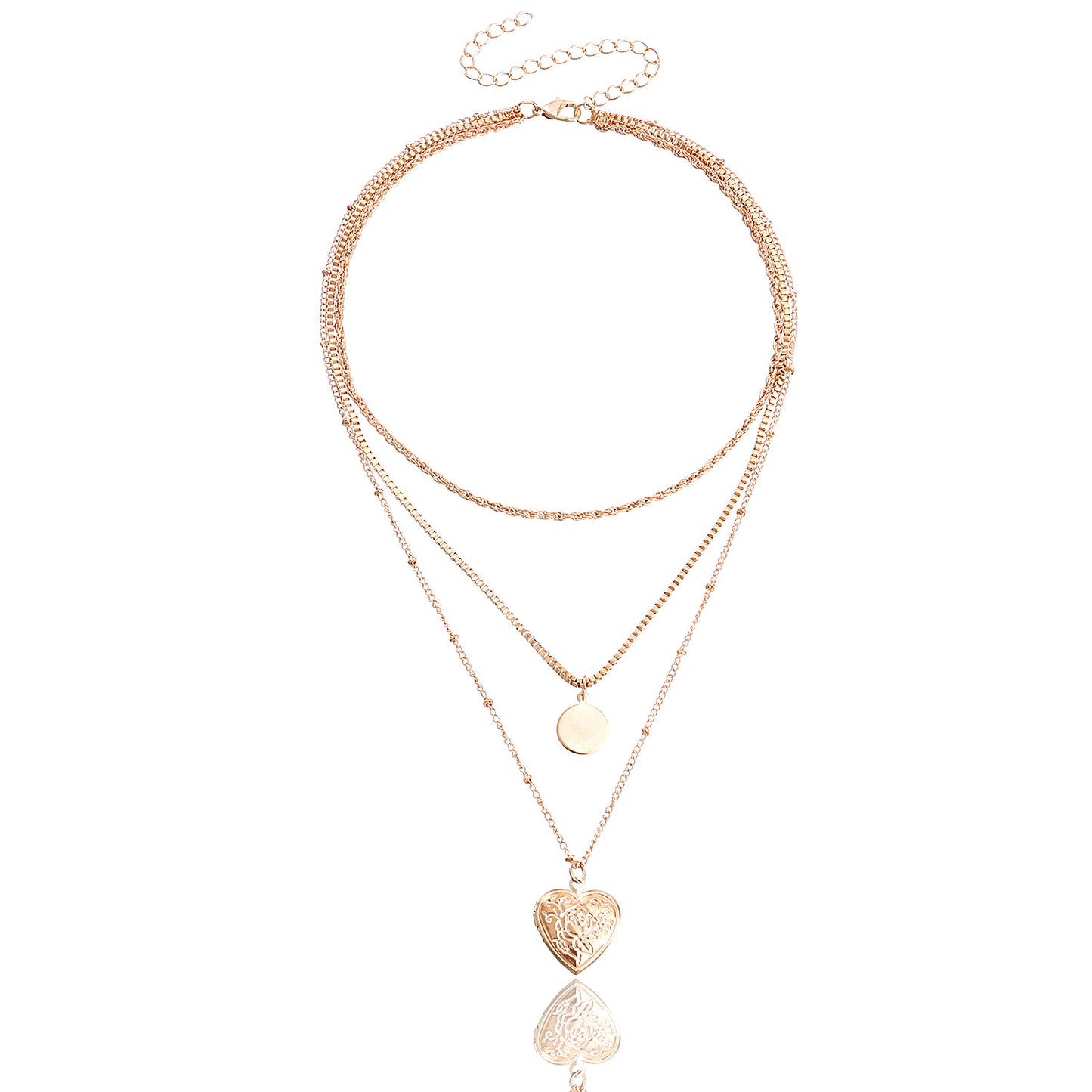 Vintage Minimalist Round Heart Pattern Pendant Necklace for Women Alloy Plated Box Chain Multi-Layer Neckwear