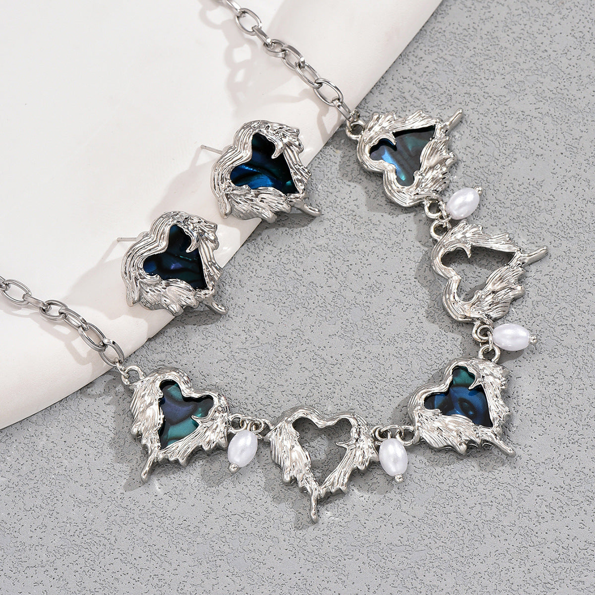 Vintage Heart-Shaped Enamel Pendant Necklace and Earrings Set with Long Chain for Women