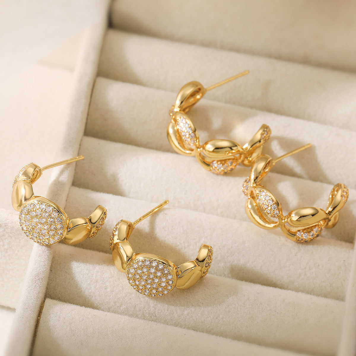 Minimalist Geometric C-Shaped Zirconia Earrings for Women in Copper with Micro-Pavé Setting