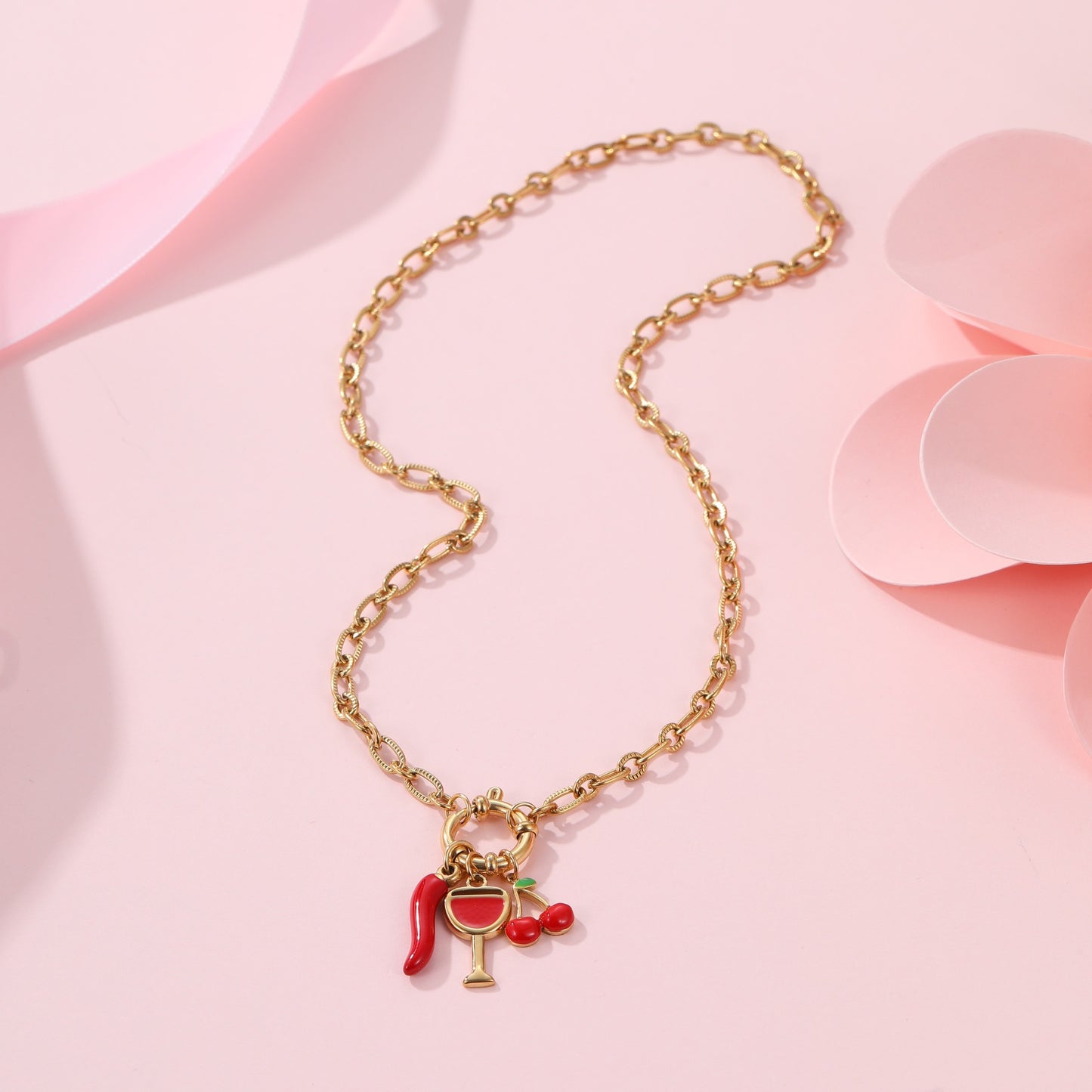 Elegant 18K Gold Plated Stainless Steel Cherry Fruit Charm Bar Necklace for Women