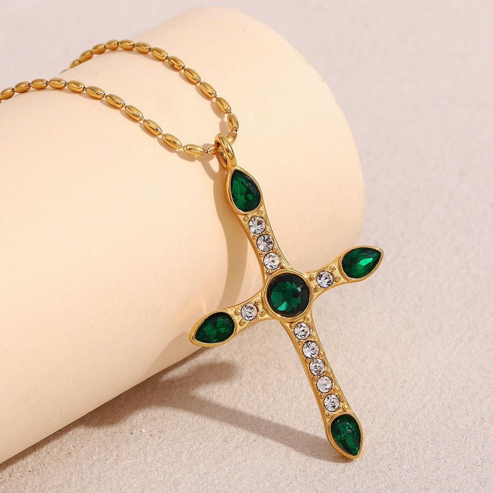Vintage French Style Geometric Cross Pendant Necklace for Women in Stainless Steel with 18K Gold Plating and Green Zircon