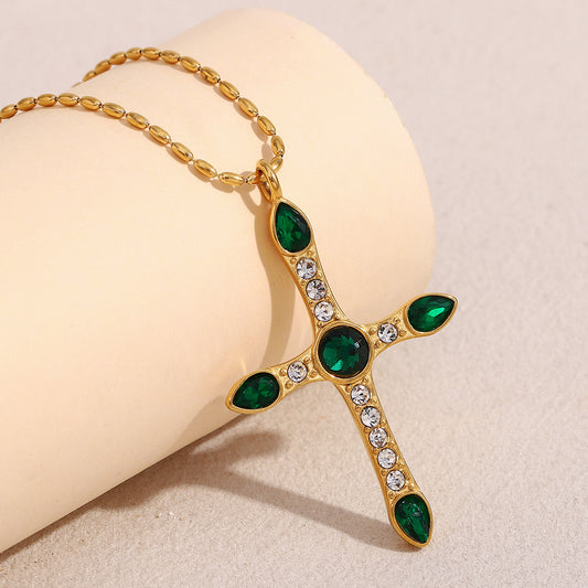 Collana con Ciondolo a Croce Geometrica in Stile Francese Vintage da Donna in Acciaio Inossidabile con Placcatura in Oro 18K e Zircone Verde