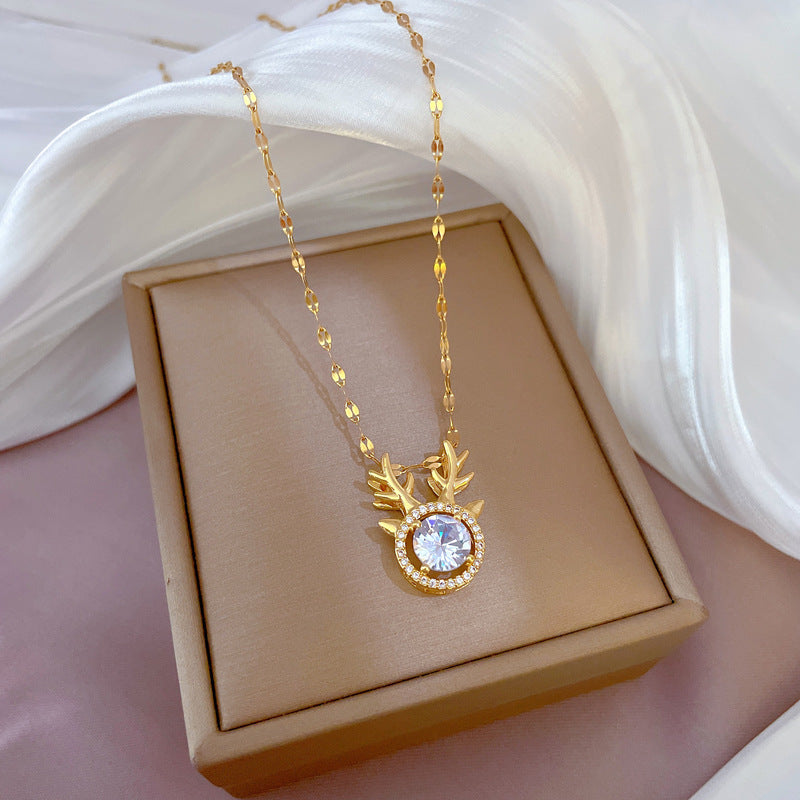 Luxury Titanium Steel Micro-Paved Zircon Deer Antler Necklace for Women with Adjustable Chain and Geometric Design