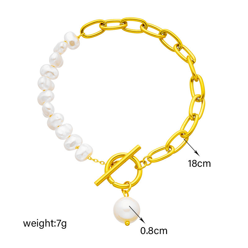 Punk Vintage Asymmetrical Pearl Beaded Pendant Bracelet with Titanium Steel Chain and Plated Finish