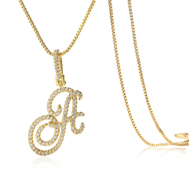 Minimalist Geometric Letter Pendant Necklace in Brass with Micro-Pavé Setting on Box Chain