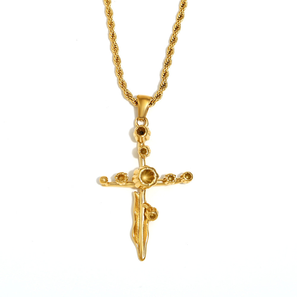 Vintage French-Style Floral Pendant Necklace in Stainless Steel with 18K Gold Plating for Women