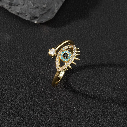 Anello Minimalista con Occhio di Allah per Donna in Rame con Finitura Placcata e Design a Occhio Blu