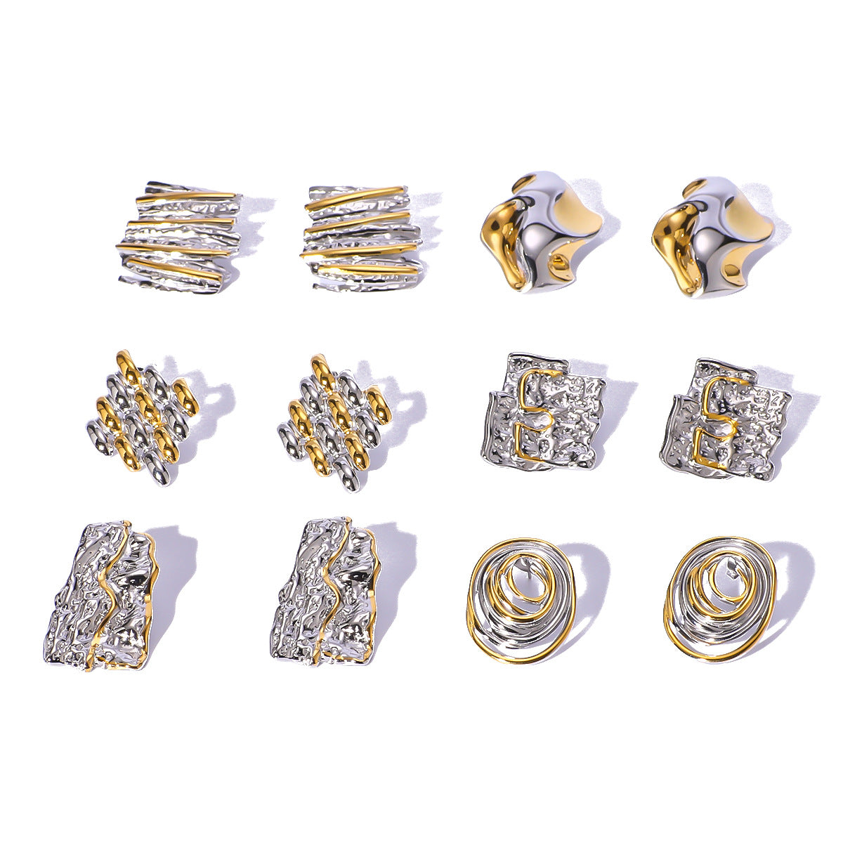 Geometric Stainless Steel Earrings with 18K Gold Plating, Bowknot Texture and Irregular Folded Design for Women