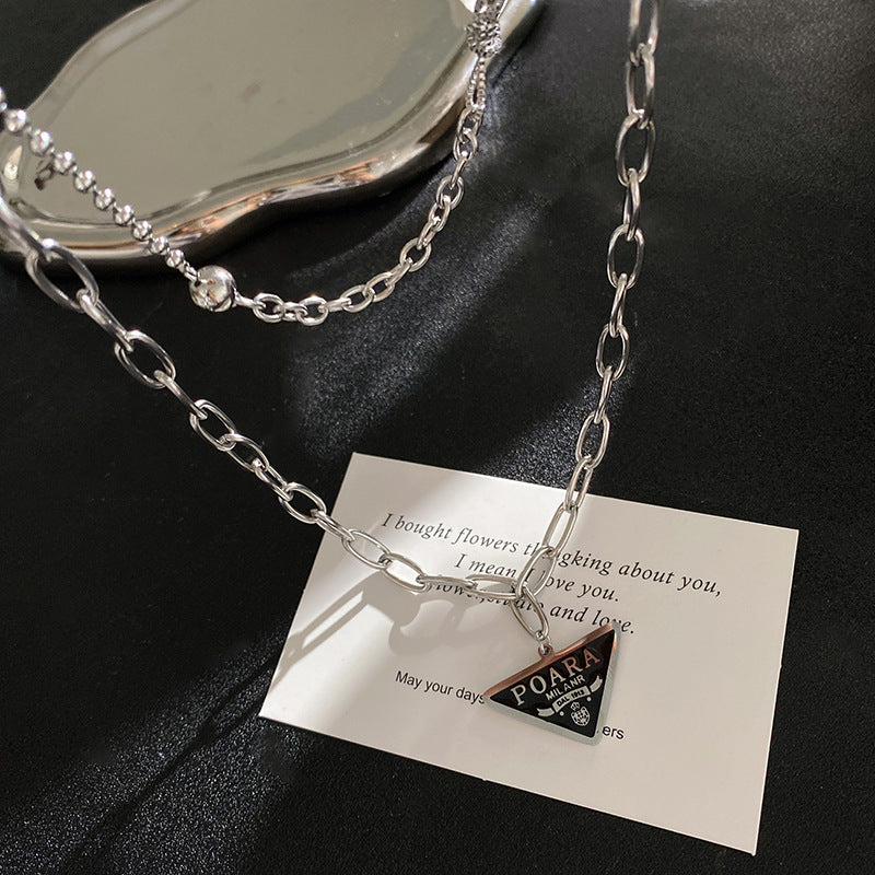 Gold Plated Titanium Steel Double Layer Necklace with Triangle Letter Pendant and Ball Detail