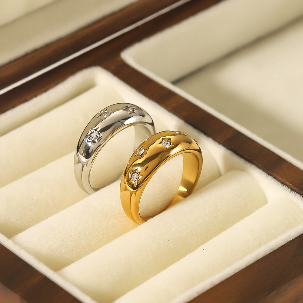 Minimalist Geometric Star-Inlaid Stainless Steel Ring with 18K Gold Plating for Women