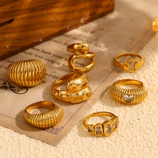 Vintage-Inspired Geometric Stainless Steel Ring with 18K Gold Plating and Hammered Texture
