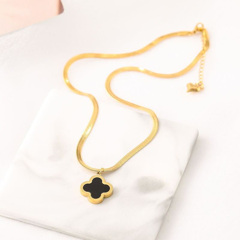 Fashionable Clover Leaf Pendant Necklace for Women with Titanium Steel Flat Snake Chain and Floral Design