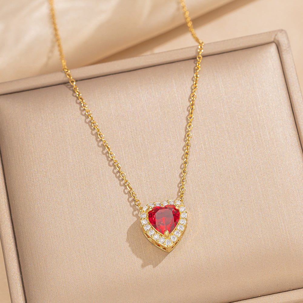 Luxury Minimalist Heart-Shaped Zirconia-Set Titanium Steel Necklace Set for Women with Earrings and Bracelet