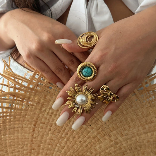 Anillo de acero inoxidable chapado con perla y forma geométrica irregular de lujo vintage para mujer