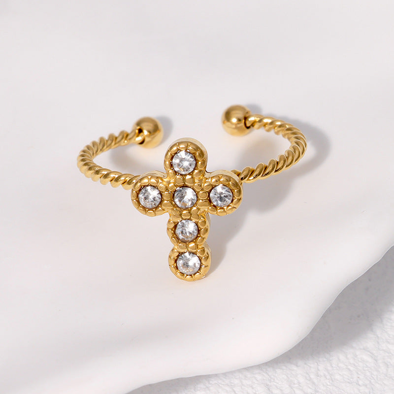Minimalist Cross-Shaped Opening Ring for Women in Stainless Steel with Gold Plating and Rhinestone Inlay