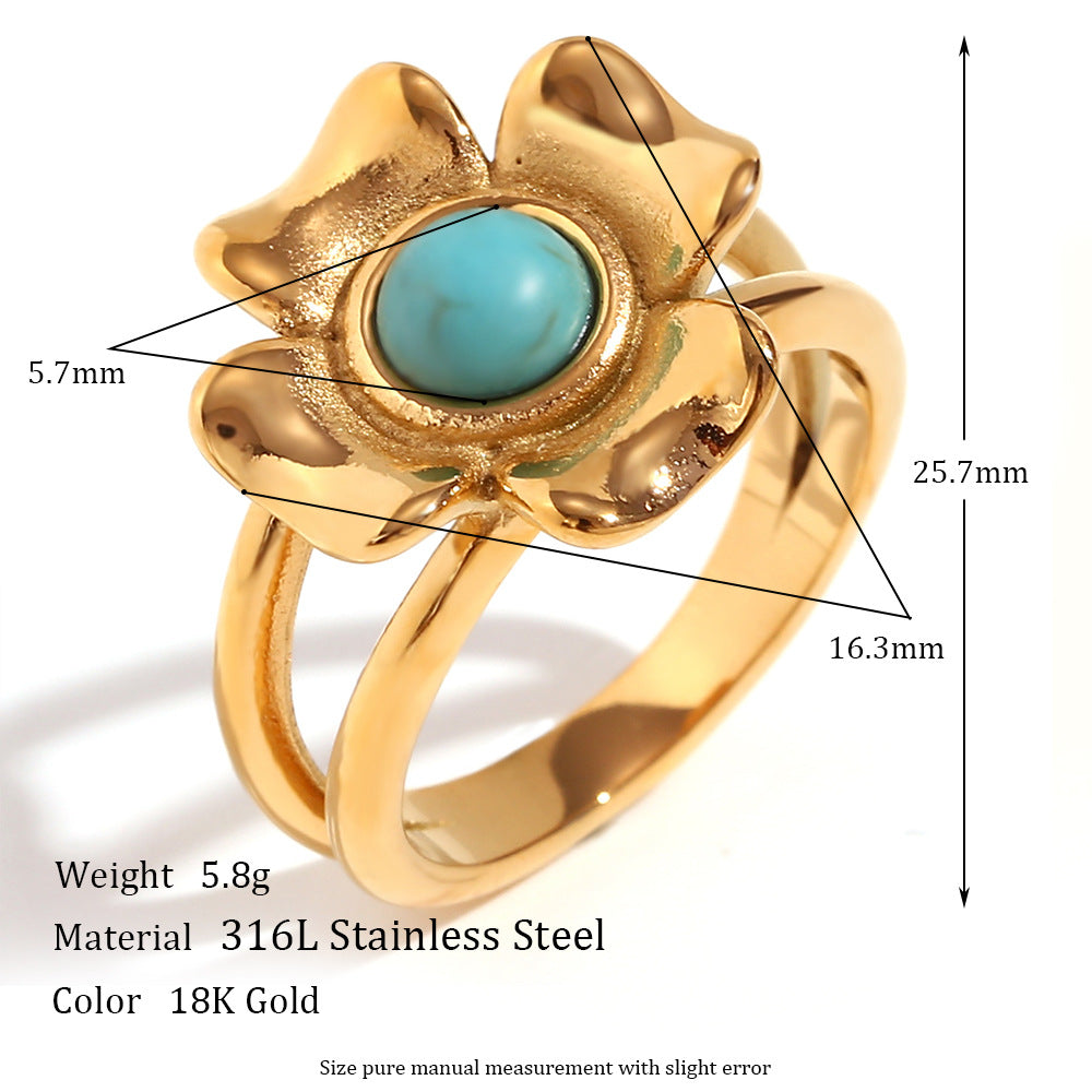 Vintage-Inspired Geometric Stainless Steel Ring with 18K Gold Plating and Micro-Pave Heart Flower Design for Women