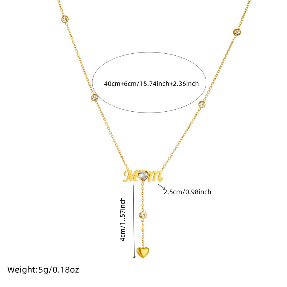 Minimalist Elegant Heart Letter Rhinestone Tassel Stainless Steel Pendant Necklace for Women