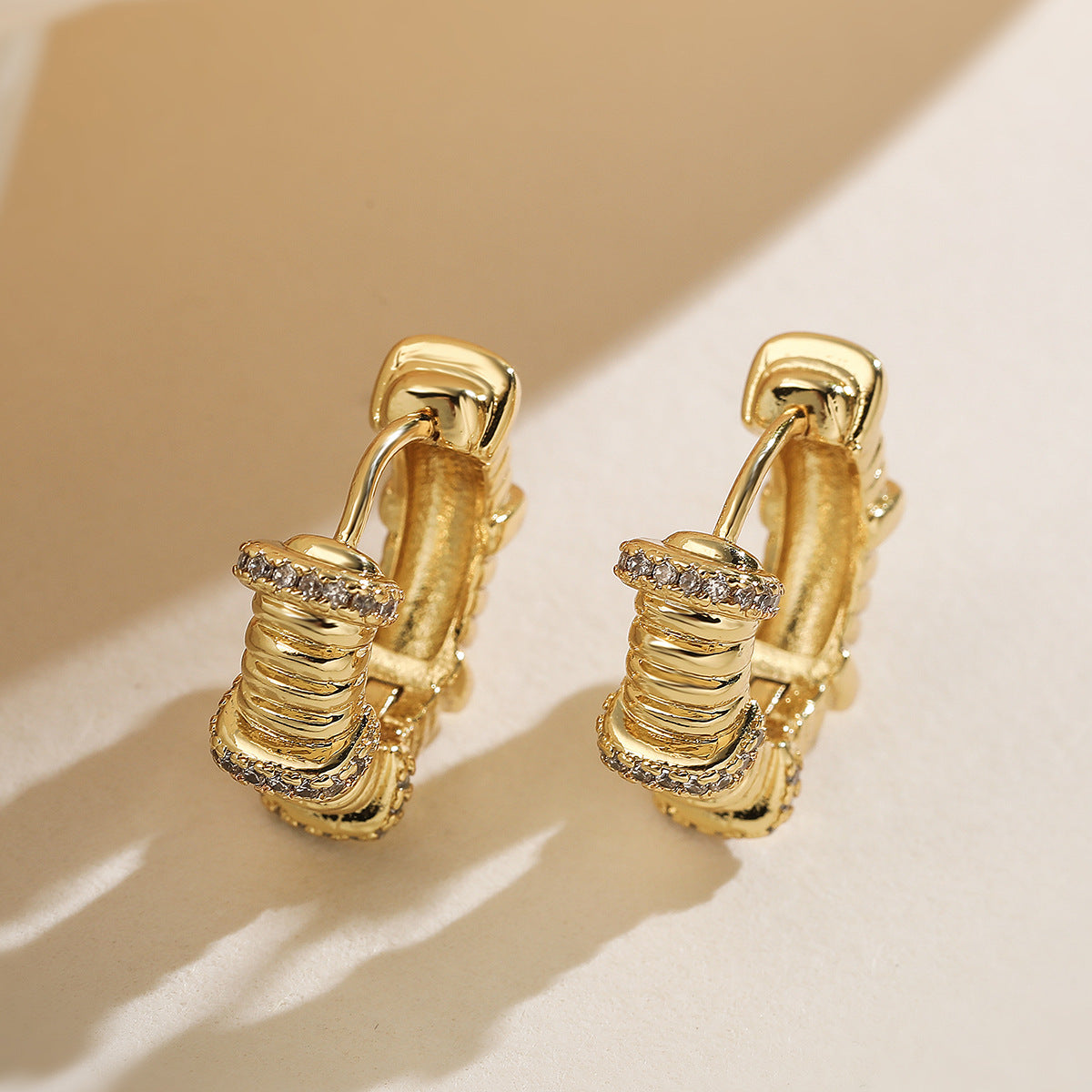 Minimalist Elegant Geometric Gold Plated Brass Hoop Earrings with Cubic Zirconia for Women