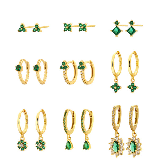 Elegant Light Luxury Clover-Shaped S925 Sterling Silver Stud Earrings with Emerald Green Enamel and Rhinestone Accents for Women