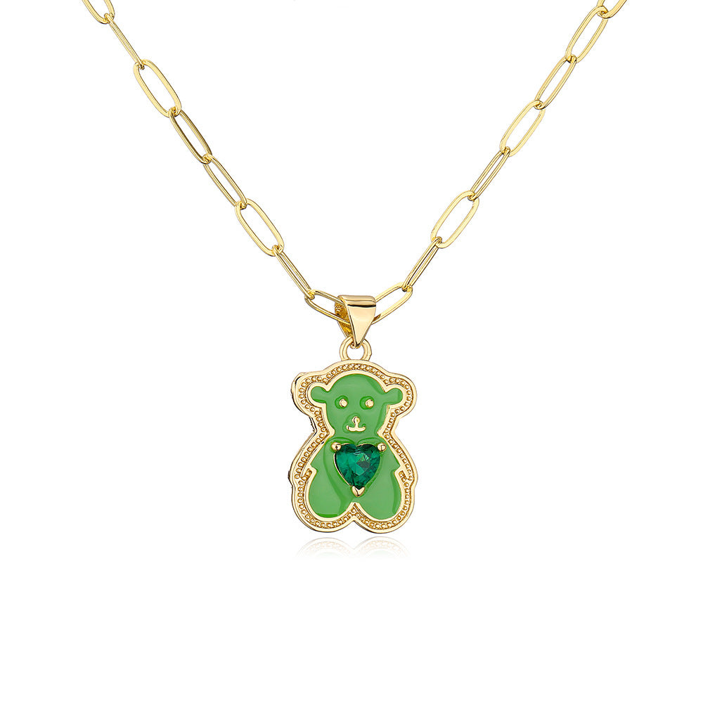 Minimalist Heart-Shaped Bear Pendant Necklace for Women with Copper Base Plated in 18K Gold and Enamel Finish Featuring Cubic Zirconia Accents