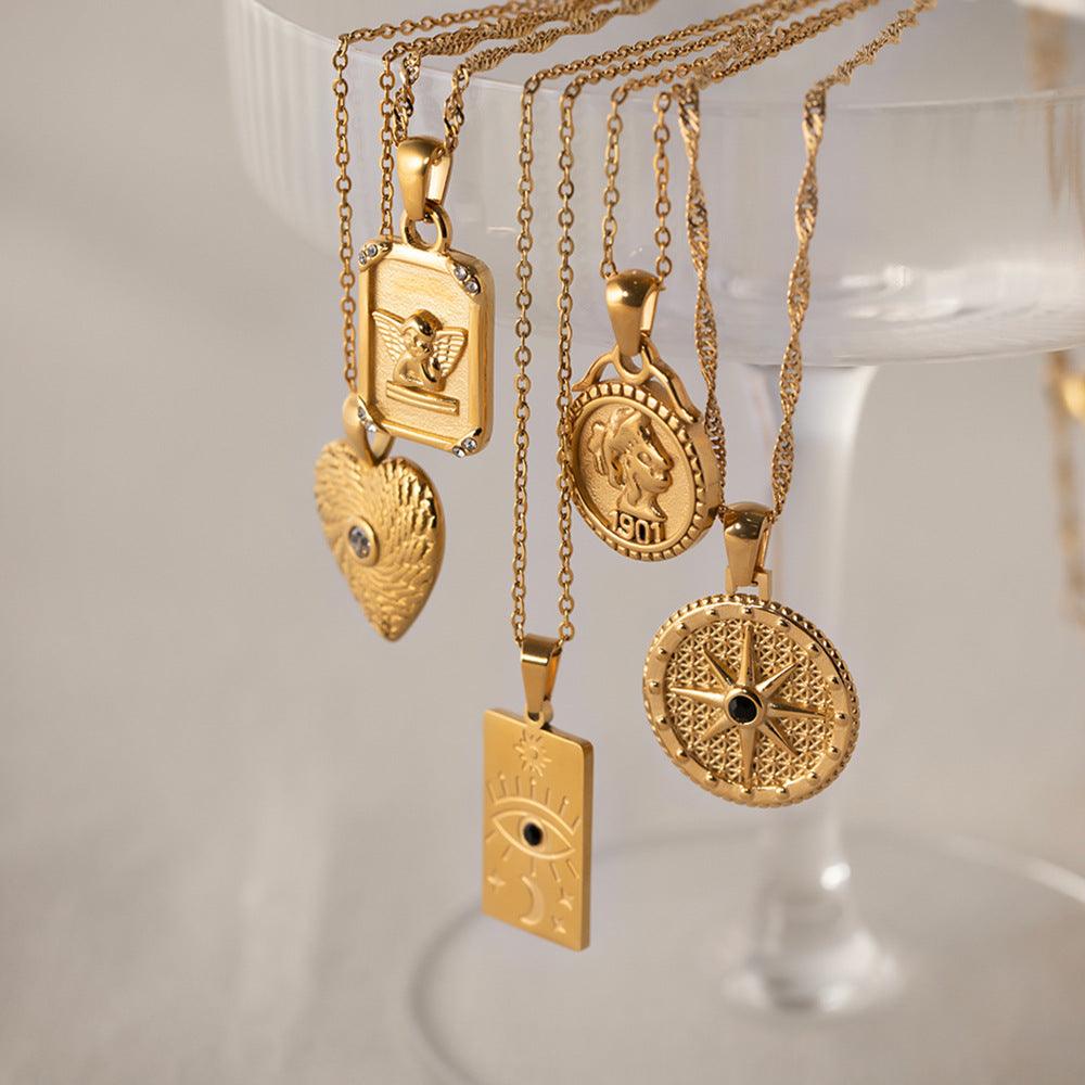 Minimalist Geometric Coin Pendant Necklace for Women Stainless Steel with Plated Finish Versatile Retro-Inspired Sweater Chain