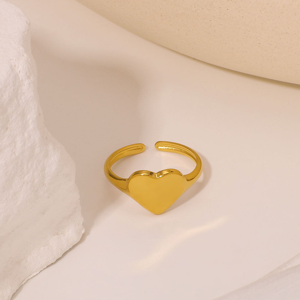 Minimalist Heart-Shaped Polished Stainless Steel Ring with 18K Gold Plating Unisex Adjustable Band