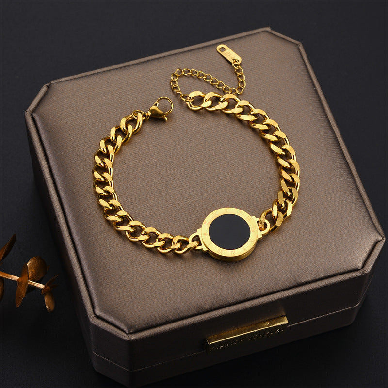 Set collana e bracciale da donna placcati in acciaio titanio con ciondolo tondo romano, stile vintage alla moda