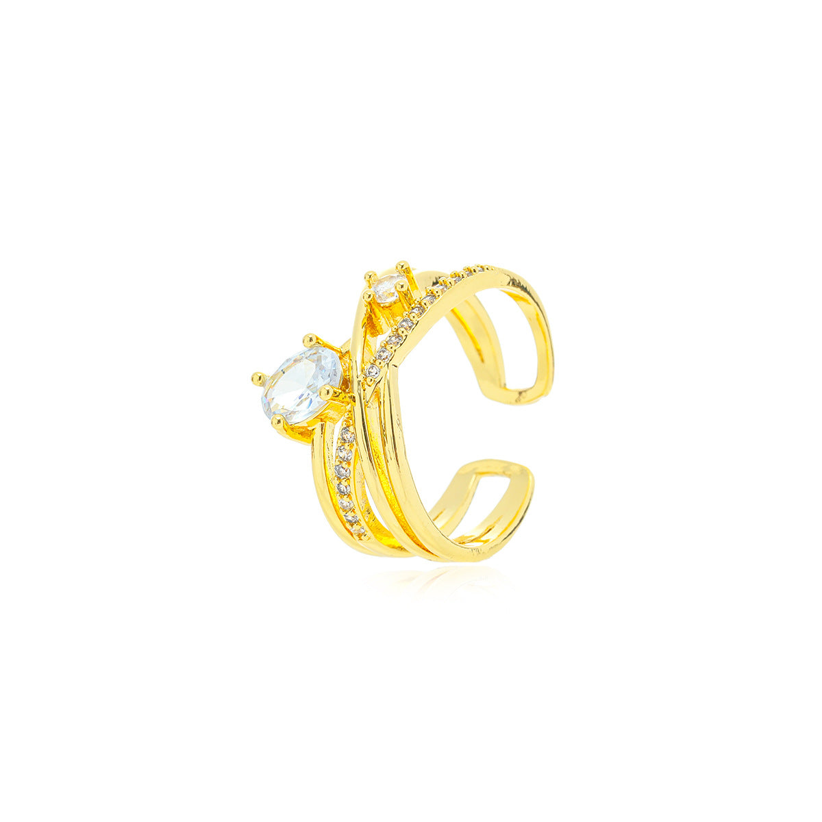 Anillo Abierto Apilable de Cobre Minimalista Geométrico con Circonita y Baño de Oro para Mujer
